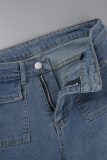 Ljusblå Casual Solid, urholkade pärlor med mitten av midjan Skinny Denim Jeans