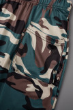 Grün Sexy Casual Street Camouflage Print Patchwork Tasche Schlitz O Hals Kurzarm Zwei Stücke