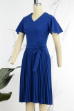 Blauw casual effen patchwork jurk met V-hals en korte mouwen