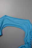 Azul Sexy Fiesta Sólido Ahuecado Diseño de correa O Cuello Vestidos de falda de un paso