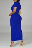 Blauwe sexy casual stevige uitgeholde lange jurk met V-hals