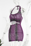 Фиолетовые сексуальные уличные вечерние полосатые лоскутные металлические аксессуары украшения спинки Холтер одношаговые юбки платья