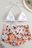 Multicolor Sexy Floral Print Bandage Backless Two Pieces Bikini Sets Swimwears (With Paddings)