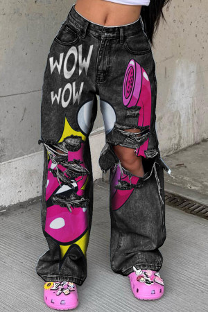Black Gray Street Cartoon Print Ripped Mid Waist Loose Denim Jeans