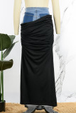 Black Casual Patchwork Solid Contrast High Waist Skinny Denim Maxi Skirts