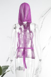 Rose Red Sexy Casual Solid Bandage See-through Backless Hooded Collar Tops