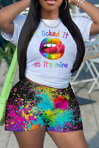 Multicolor Casual Print Basic O Neck Short Sleeve Two Pieces