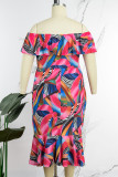 Kleur Casual Werk Elegante Print Patchwork Volant Off-shoulder gewikkelde rok Grote maten jurken