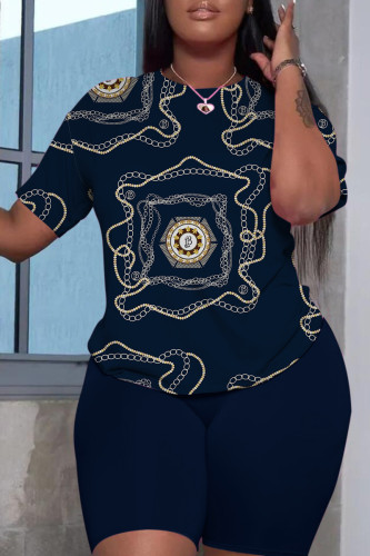 Tibetan Blue Casual Print Basic O Neck Short Sleeve Two Pieces T-shirt Tops And Short Set