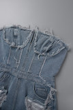 Blauw Sexy Casual Street Solid Ripped Pocket Ruglooze Strapless Mouwloos Normale Denim Jumpsuits