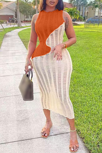 Оранжевое повседневное пэчворк Контрастное платье без рукавов с круглым вырезом Платья