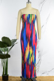 Multicolor Rainbow Sexy Print Backless Slit Strapless Long Tube Bodycon Maxi Dresses