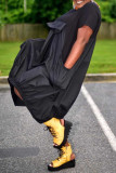 ブラック カジュアル ソリッド パッチワーク ポケット O ネック ストレート 半袖 ドレス