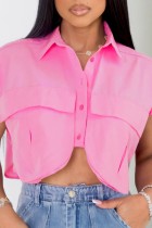 Roze casual effen patchwork asymmetrische overhemdkraag tops