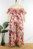 Rode casual print patchwork vouw off-shoulder jumpsuits in grote maten