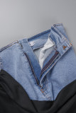 Saia jeans skinny preta casual patchwork contraste sólido cintura alta