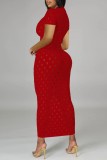 Rode sexy casual effen uitgeholde lange jurk met V-hals