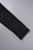 Black Sexy patchwork transparente com zíper no pescoço manga longa duas peças