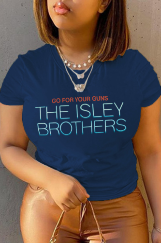 T-shirt con scollo a O con stampa quotidiana casual blu navy