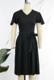 ブラック カジュアル ソリッド パッチワーク Vネック 半袖 ドレス ドレス