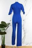Blå Sexig Solid Patchwork Genomskinliga O-hals Jumpsuits