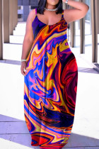 Пурпурно-синее сексуальное повседневное длинное платье с вырезом на спине и бретельками с принтом Платья