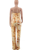 Koffie Sexy Casual Print Backless Strapless Regular Jumpsuits