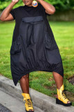 Черное повседневное однотонное платье в стиле пэчворк с круглым вырезом и карманом, прямое платье с коротким рукавом