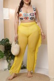 Giallo Casual Solido Tie Dye Patchwork See-through Taglie forti