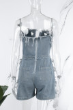 Blauw Sexy Casual Street Solid Ripped Pocket Ruglooze Strapless Mouwloos Normale Denim Jumpsuits