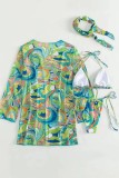Green Sexy Print Frenulum Swimsuit Three Piece Set (With Paddings)
