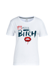 White Casual Daily Lips Printed Patchwork Letter O Neck T-Shirts