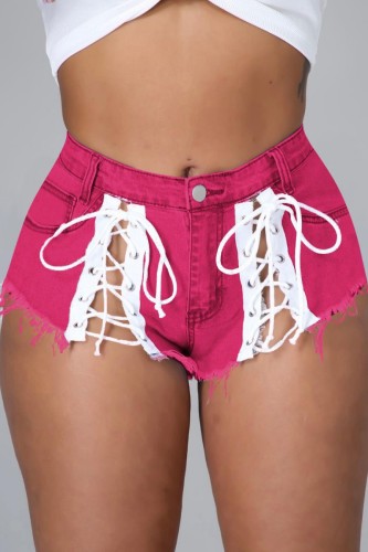 Rose Red Fashion Sexy Solid Strap Design Mid Waist Regular Jeans
