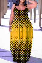 Черное желтое сексуальное повседневное длинное платье с вырезом на спине и бретельками с принтом Платья