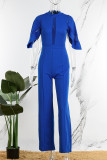 Blue Sexy Solid Patchwork See-through O Neck Jumpsuits