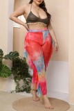 Rosso Casual Solido Tie Dye Patchwork See-through Taglie forti