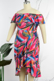 Kleur Casual Werk Elegante Print Patchwork Volant Off-shoulder gewikkelde rok Grote maten jurken