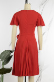 Rode casual effen patchwork jurk met V-hals en korte mouwen
