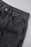 Jeans jeans preto casual liso liso rasgado cintura alta regular
