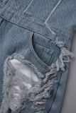 Tute di jeans normali senza spalline senza spalline strappate con tasca strappata da strada casual blu sexy