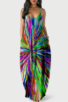 カラーカジュアルプリントパッチワークポケットスパゲッティストラップランタンスカートドレス