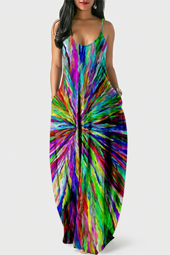 Colour Casual Print Patchwork Pocket Spaghetti Strap Lantern Skirt Dresses