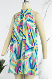 Vert clair Casual Print Patchwork Fold O Neck A Line Robes