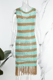 Небесно-голубое сексуальное лоскутное платье с кисточками и V-образным вырезом, прозрачное пляжное платье, платья