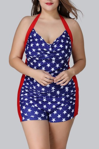 Blue Sexy Print Patchwork Backless Halter Plus Size Swimwear (With Paddings)