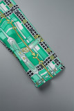 Groen Vrijetijdswerk Elegante printknopen Omgeslagen kraag Bovenkleding (met riem)