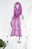 Rose Red Sexy Casual Solid Bandage See-through Backless Hooded Collar Tops
