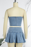 The cowboy blue Sexy Solid Patchwork Fold Strapless Sleeveless Two Pieces