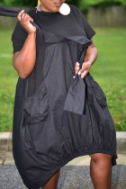 Vestido recto de manga corta con cuello en O y bolsillo de patchwork sólido informal negro