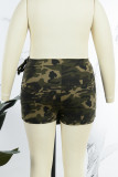 Ink Green Casual Camouflage Print Patchwork Plus Size